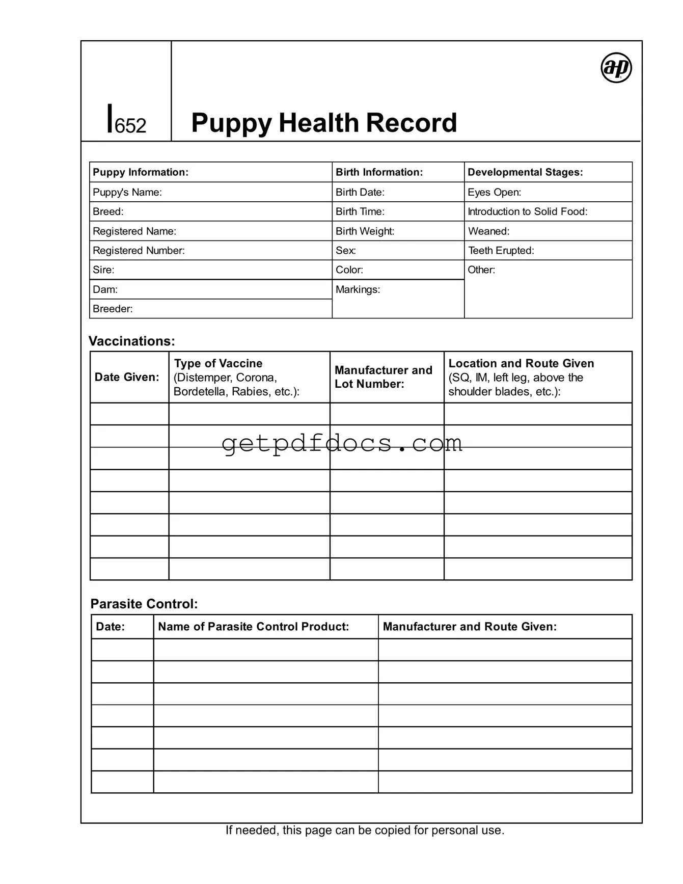 Fill in a Valid Puppy Health Record Template