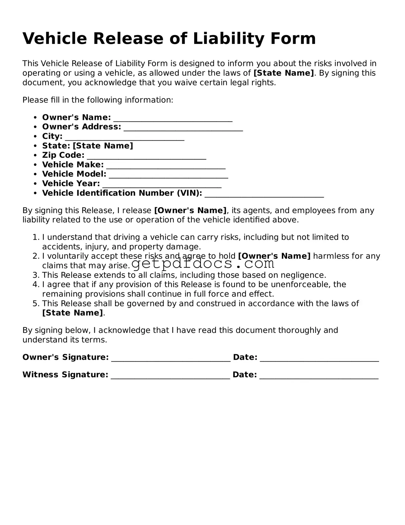 Printable Vehicle Release of Liability Template