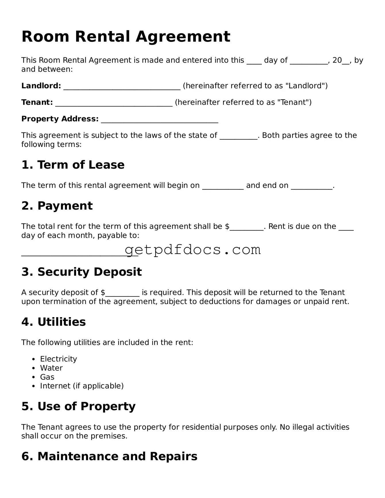 Printable Room Rental Agreement Template