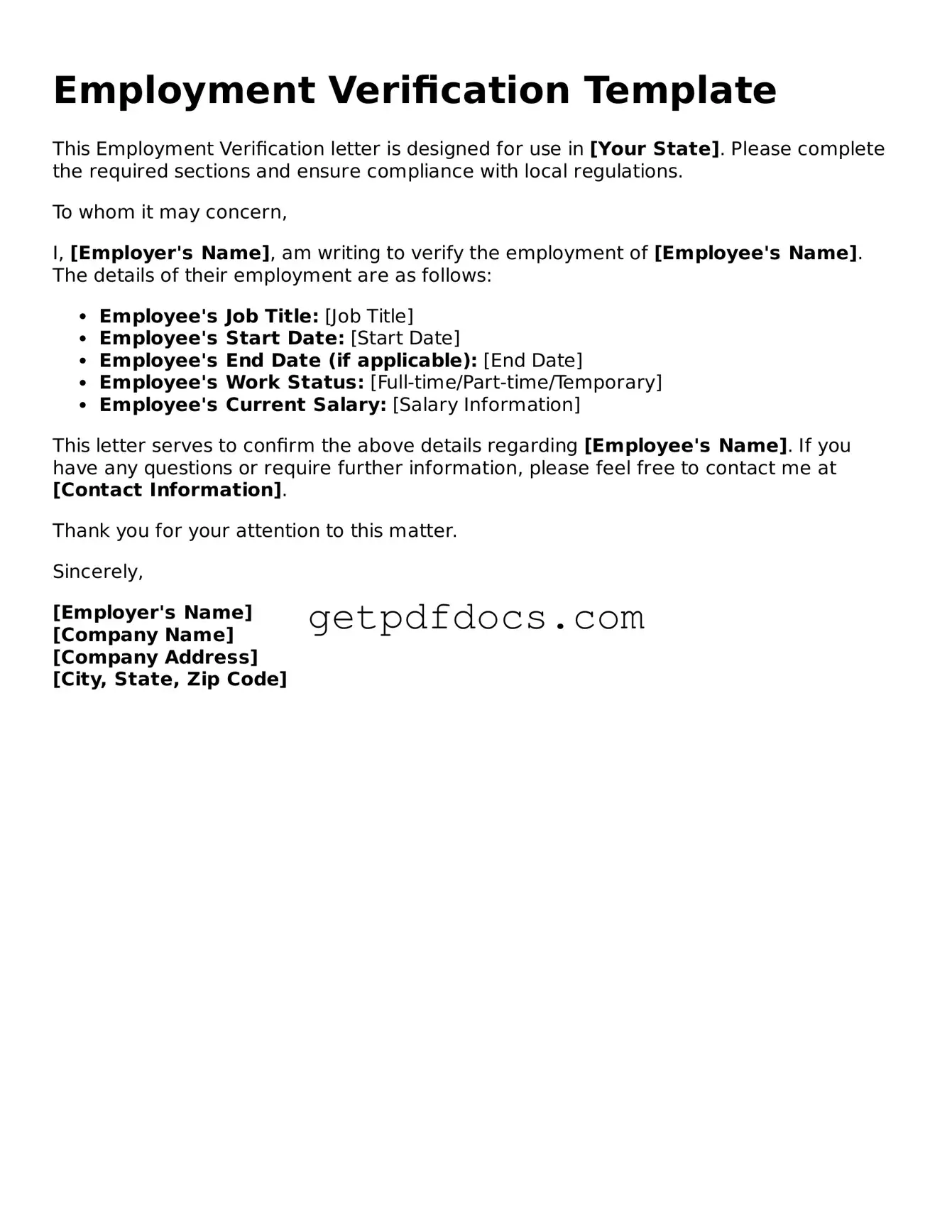 Printable Employment Verification Template