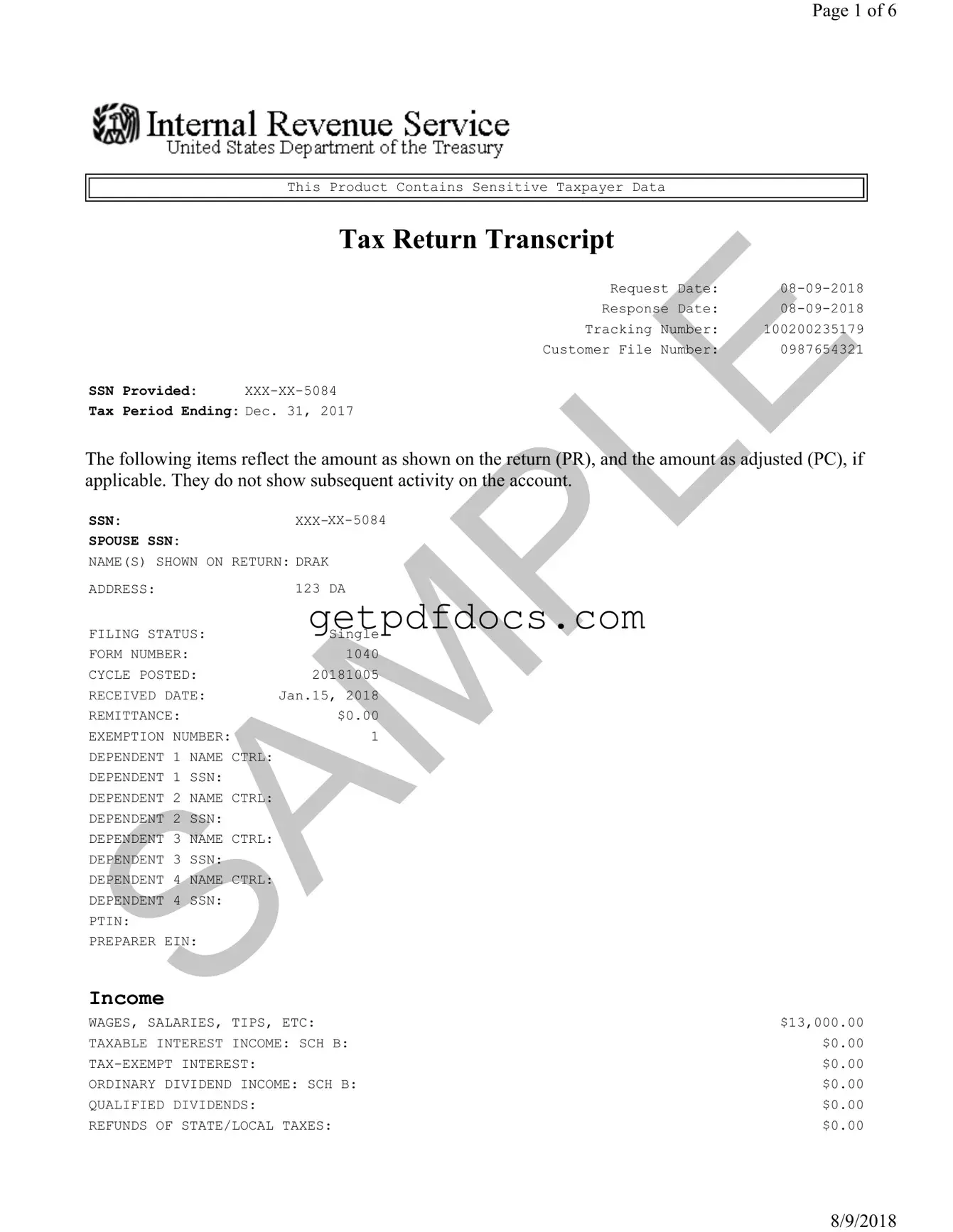 Fill in a Valid Sample Tax Return Transcript Template