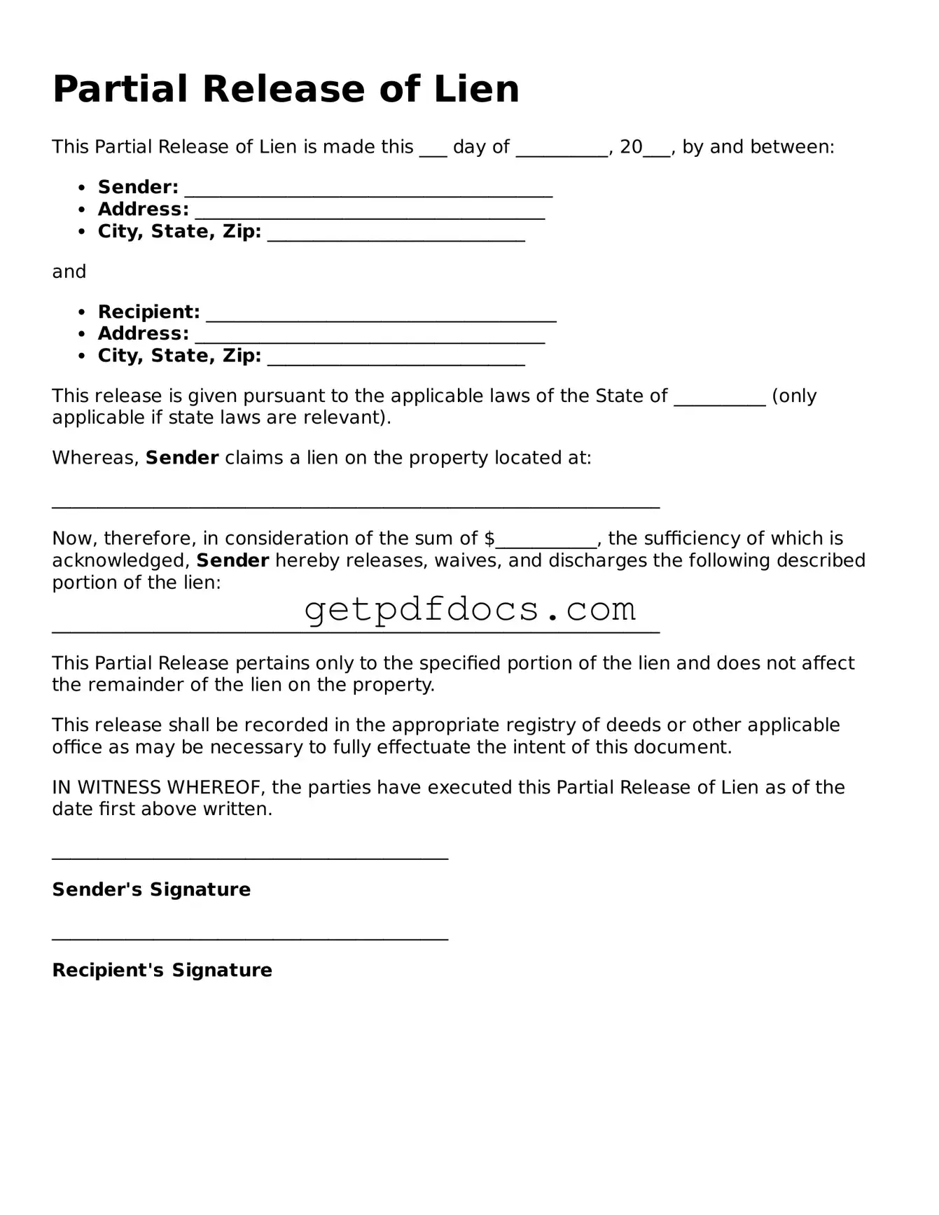 Printable Partial Release of Lien Template