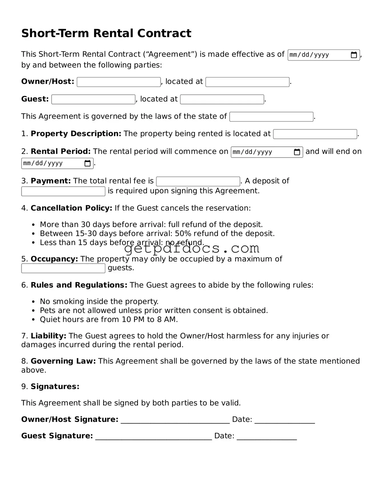 Printable Short-Term Rental Contract Template