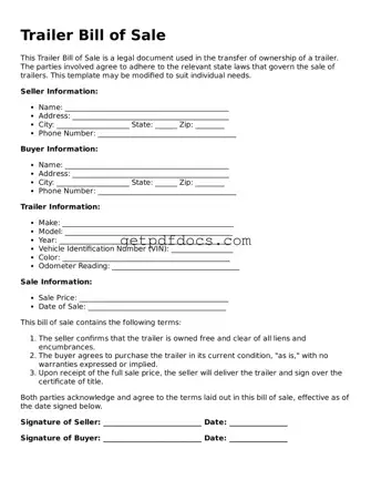 Printable Trailer Bill of Sale Template