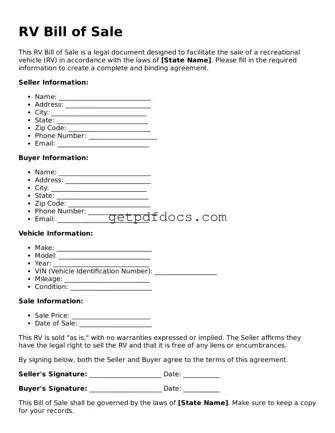 Printable RV Bill of Sale Template