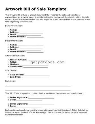 Printable Artwork Bill of Sale Template
