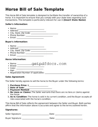 Printable Horse Bill of Sale Template