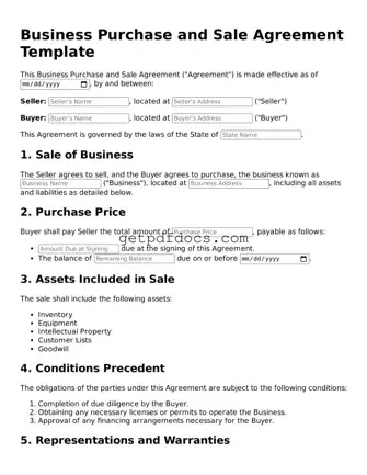 Printable Business Purchase and Sale Agreement Template