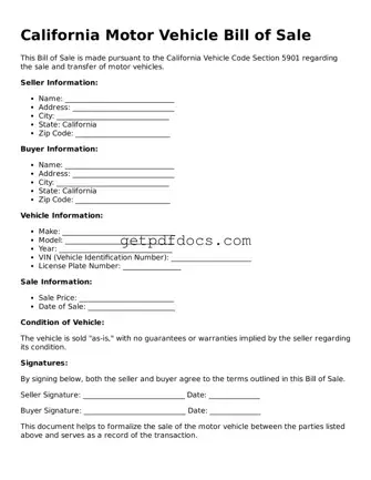 Attorney-Approved Motor Vehicle Bill of Sale Form for California State