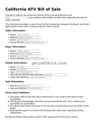 Attorney-Approved ATV Bill of Sale Form for California State
