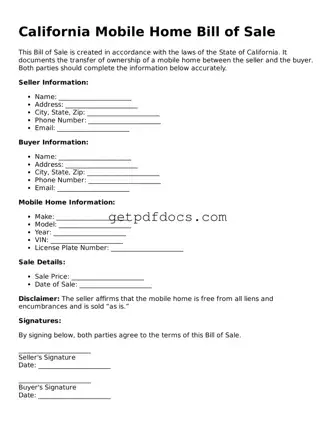 Attorney-Approved Mobile Home Bill of Sale Form for California State