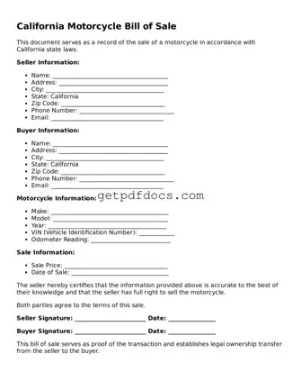 Attorney-Approved Motorcycle Bill of Sale Form for California State