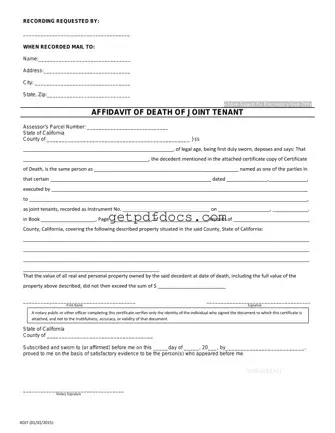 Fill in a Valid California Death of a Joint Tenant Affidavit Template