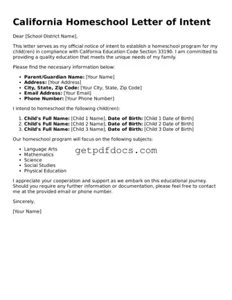 Attorney-Approved Homeschool Letter of Intent Form for California State