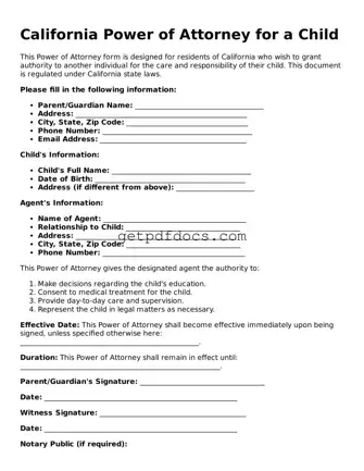 Attorney-Approved Power of Attorney for a Child Form for California State