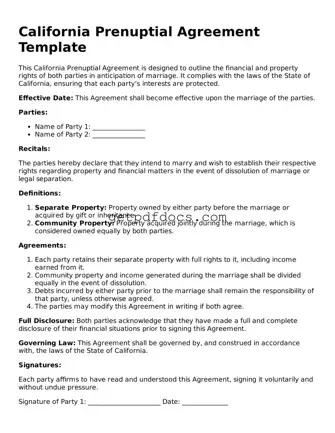Attorney-Approved Prenuptial Agreement Form for California State
