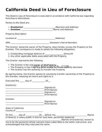 Attorney-Approved Deed in Lieu of Foreclosure Form for California State