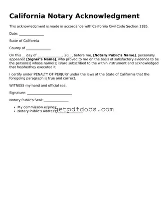 Attorney-Approved Notary Acknowledgement Form for California State