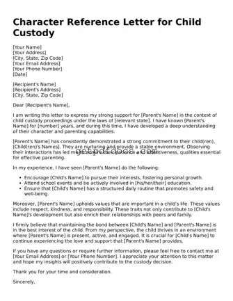 Printable Character Reference Letter for Child Custody Template