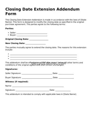 Printable Closing Date Extension Addendum Form Template