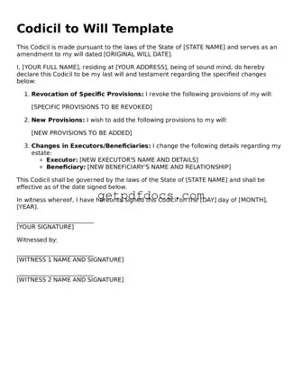 Printable Codicil to Will Template