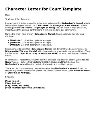 Printable Character Letter for Court Template