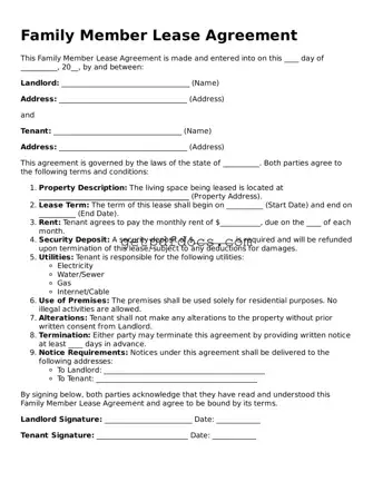 Printable Family Member Lease Agreement Template