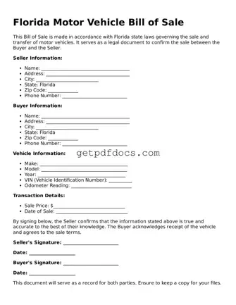 Attorney-Approved Motor Vehicle Bill of Sale Form for Florida State