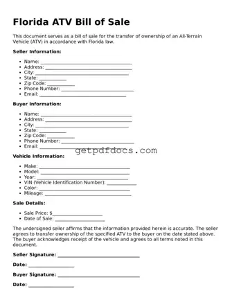 Attorney-Approved ATV Bill of Sale Form for Florida State