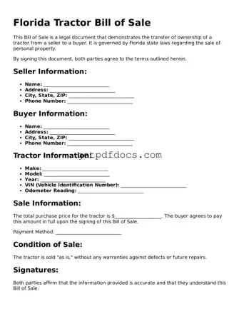 Attorney-Approved Tractor Bill of Sale Form for Florida State