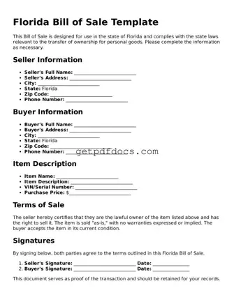 Attorney-Approved Bill of Sale Form for Florida State