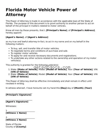 Attorney-Approved Motor Vehicle Power of Attorney Form for Florida State