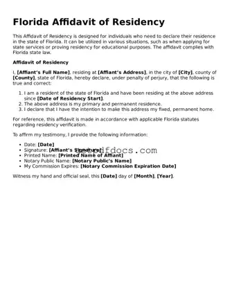 Attorney-Approved Affidavit of Residency Form for Florida State