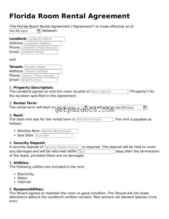 Attorney-Approved Room Rental Agreement Form for Florida State