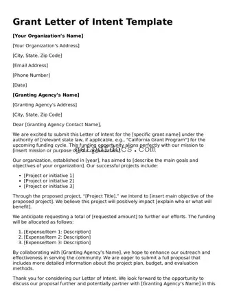 Printable Grant Letter of Intent Template