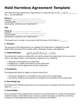 Printable Hold Harmless Agreement Template