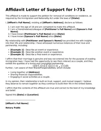 Printable Affidavit Letter of Support for I-751 Template