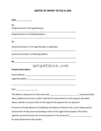 Fill in a Valid Intent To Lien Florida Template