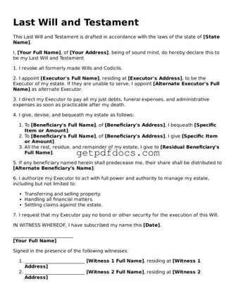 Printable Last Will and Testament Template