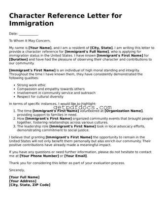 Printable Character Reference Letter for Immigration Template