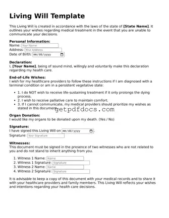 Printable Living Will Template
