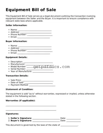 Printable Equipment Bill of Sale Template