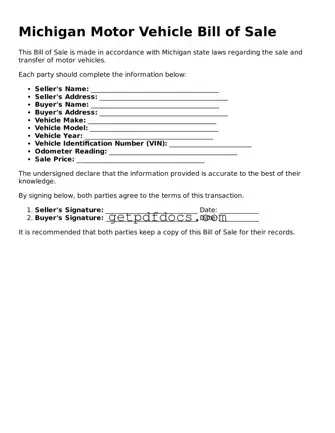 Attorney-Approved Motor Vehicle Bill of Sale Form for Michigan State