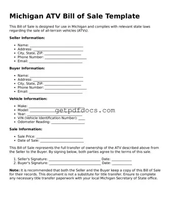 Attorney-Approved ATV Bill of Sale Form for Michigan State