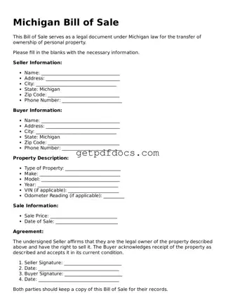 Attorney-Approved Bill of Sale Form for Michigan State