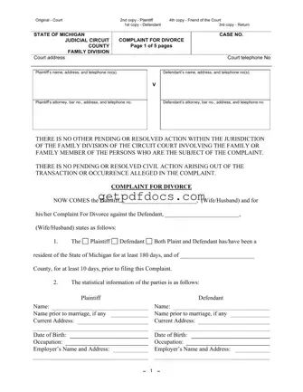 Fill in a Valid Michigan Complaint Divorce Template