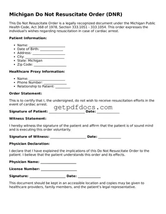 Attorney-Approved Do Not Resuscitate Order Form for Michigan State