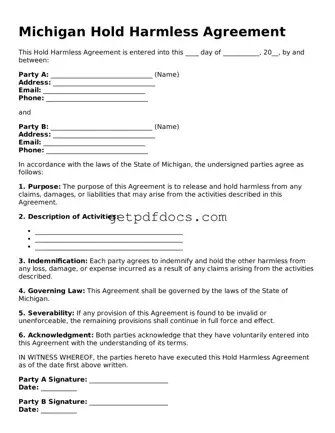 Attorney-Approved Hold Harmless Agreement Form for Michigan State
