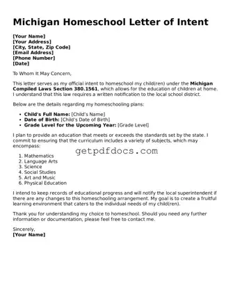 Attorney-Approved Homeschool Letter of Intent Form for Michigan State
