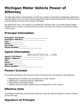 Attorney-Approved Motor Vehicle Power of Attorney Form for Michigan State